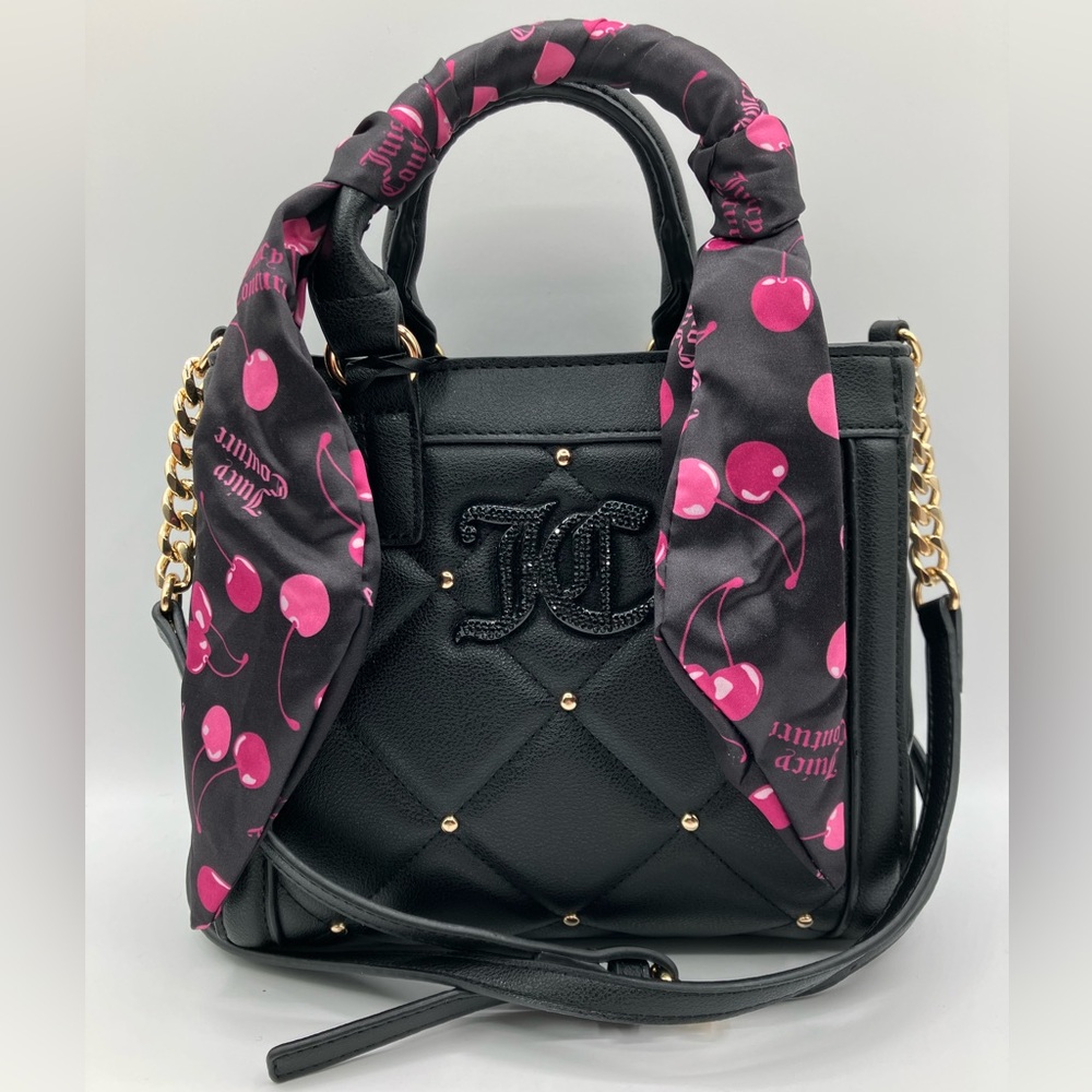 NWT Juicy Couture Black Satchel with Pink Cherry Scarf crossbody bag
